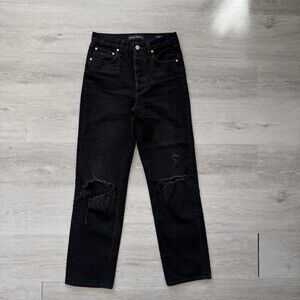 Denim Forum THE BONET High Rise Loose Jeans Black Button Fly Distressed Size 24